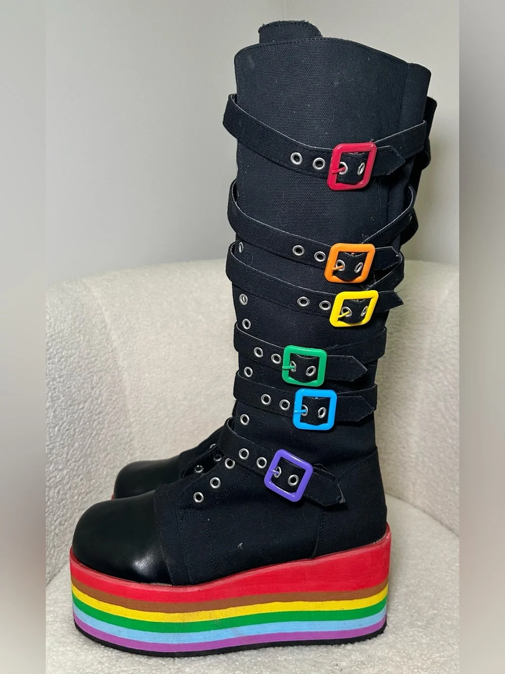 Rainbow Platform Goth Rave Boots Knee High Black Gay Pride Bratz Y2K Cosplay 9